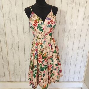 Gianni Bini Cream Floral Midi Dress with Green, Red & Purple Accents
